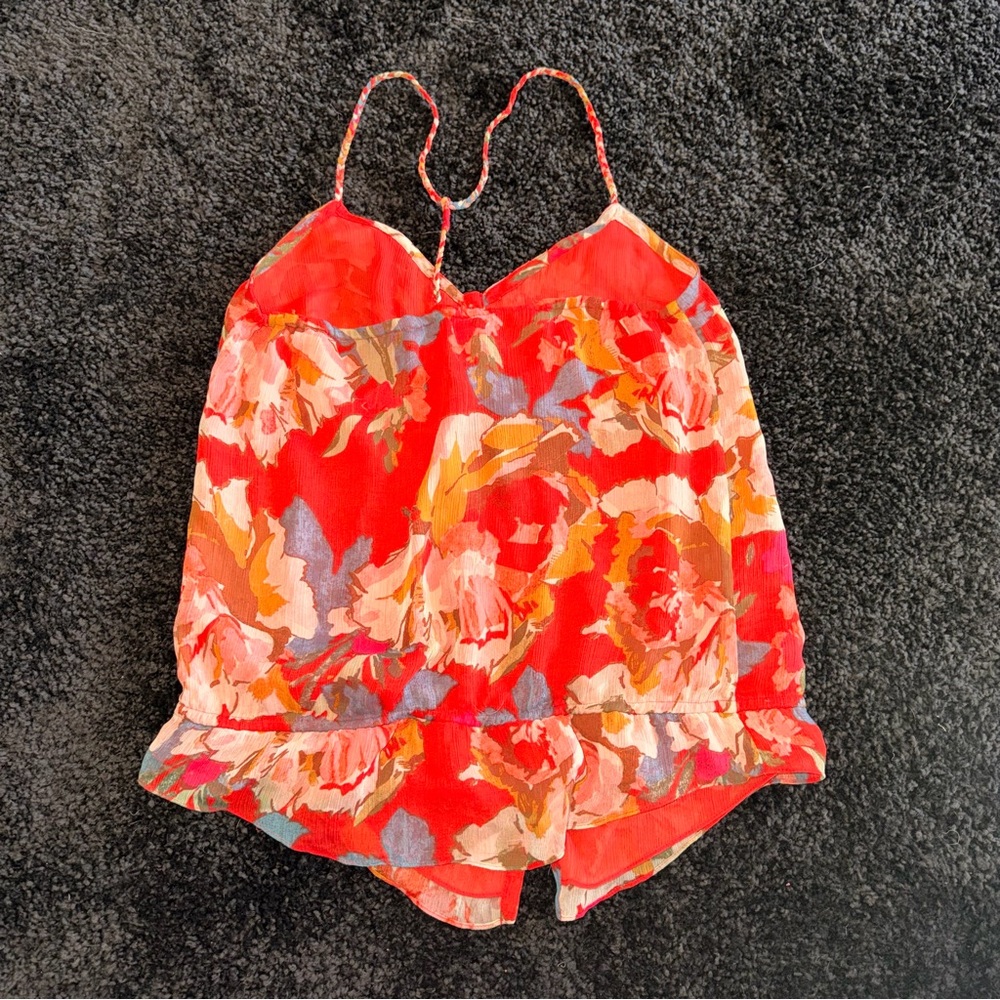 Abercrombie & Fitch Floral Cami Red Pink Button Front Spaghetti Strap Top S - Picture 2 of 12